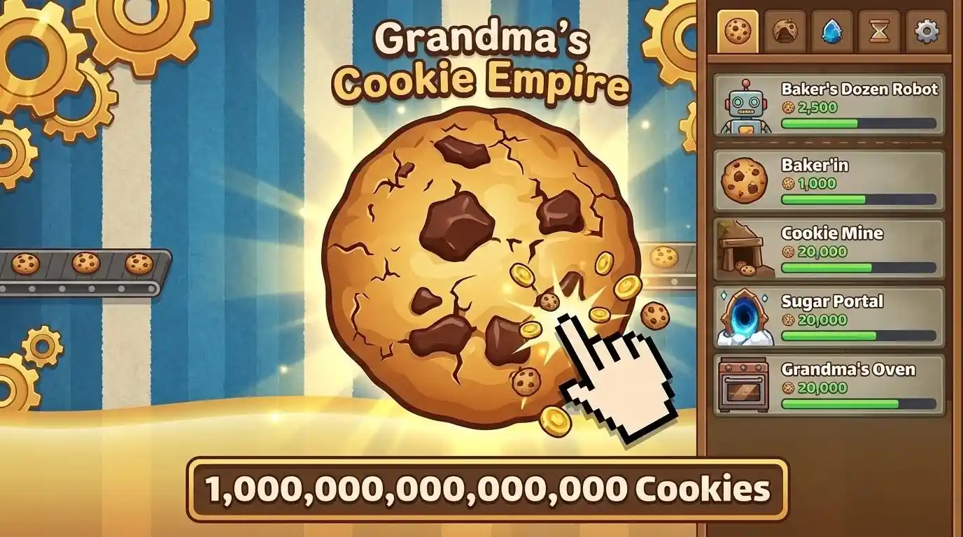 Cookie Clicker free browser game screenshot — idle clicker online game 2026, no download
