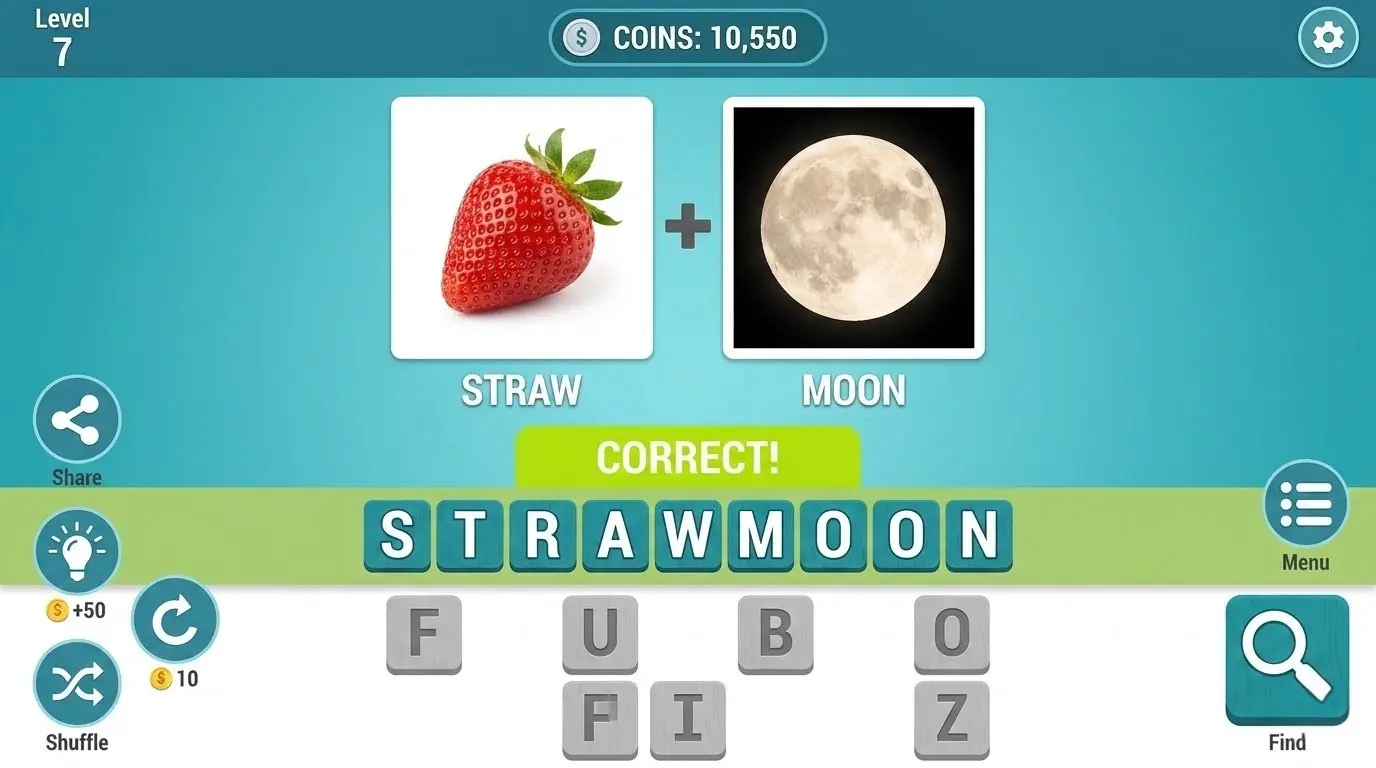Pictoword brain trivia puzzle screenshot — visual word game for brain training 2026