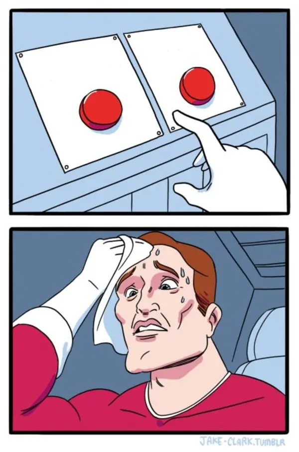 Sweating cartoon superhero wiping his forehead with a towel, struggling to press one of two red buttons on a gray console.